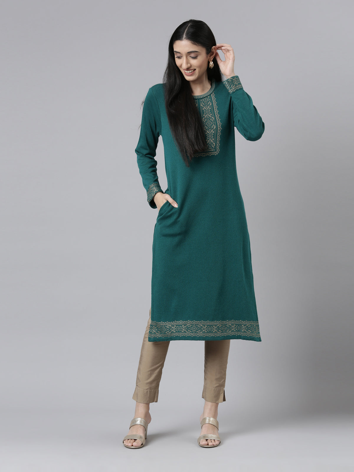 Neeru's Yoke Design Straight Fit Calf Length Acrylic Kurta