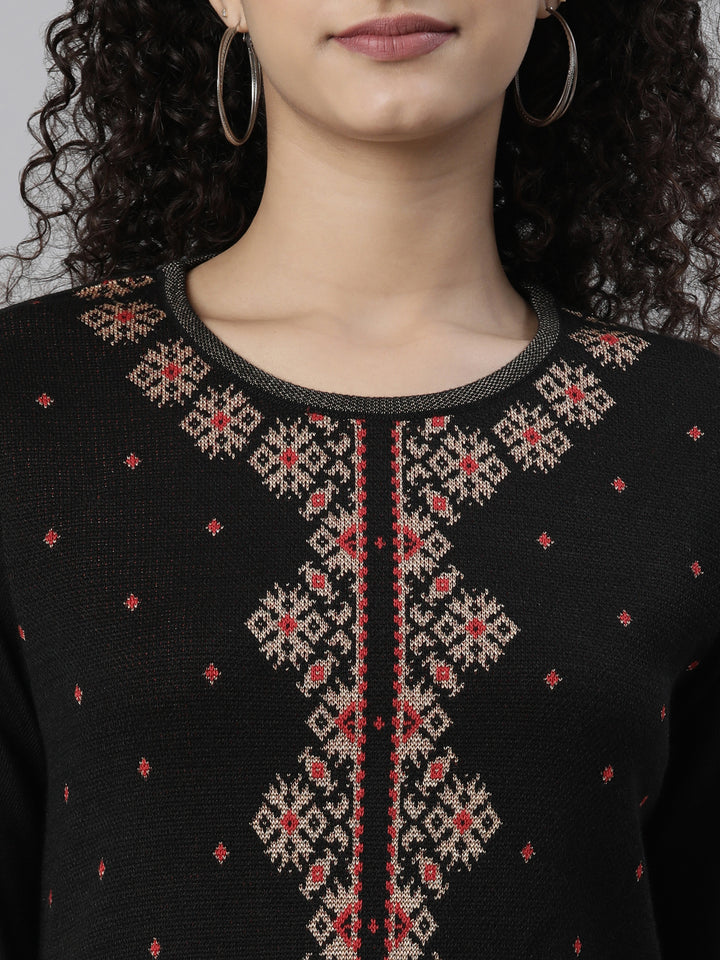 Neerus Winter Wear Black Ethnic Motifs Acrylic Dry Clean Kurta For Women