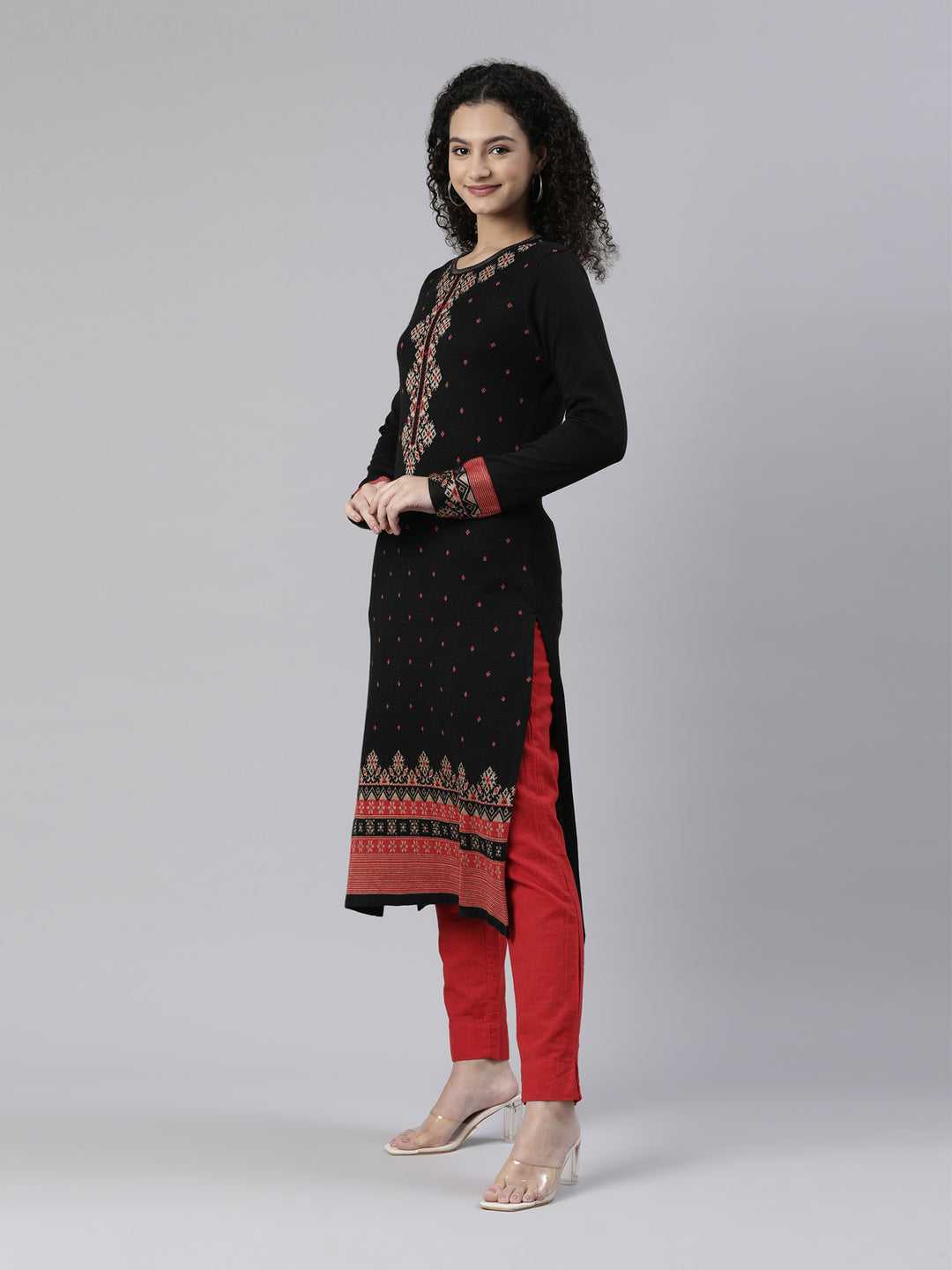Neerus Winter Wear Black Ethnic Motifs Acrylic Dry Clean Kurta For Women