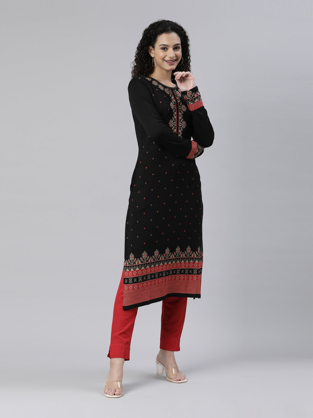 Neerus Winter Wear Black Ethnic Motifs Acrylic Dry Clean Kurta For Women