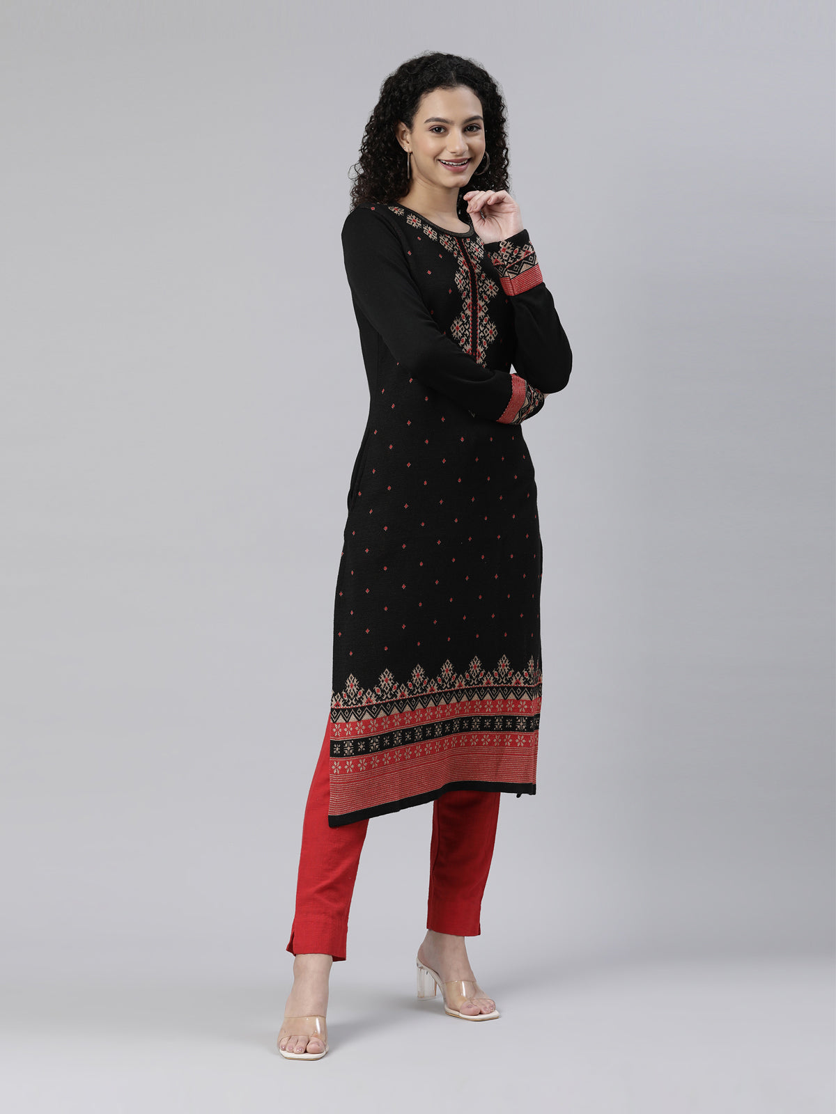 Neeru's Winter Wear Black Ethnic Motifs Acrylic Dry Clean Kurta For Women