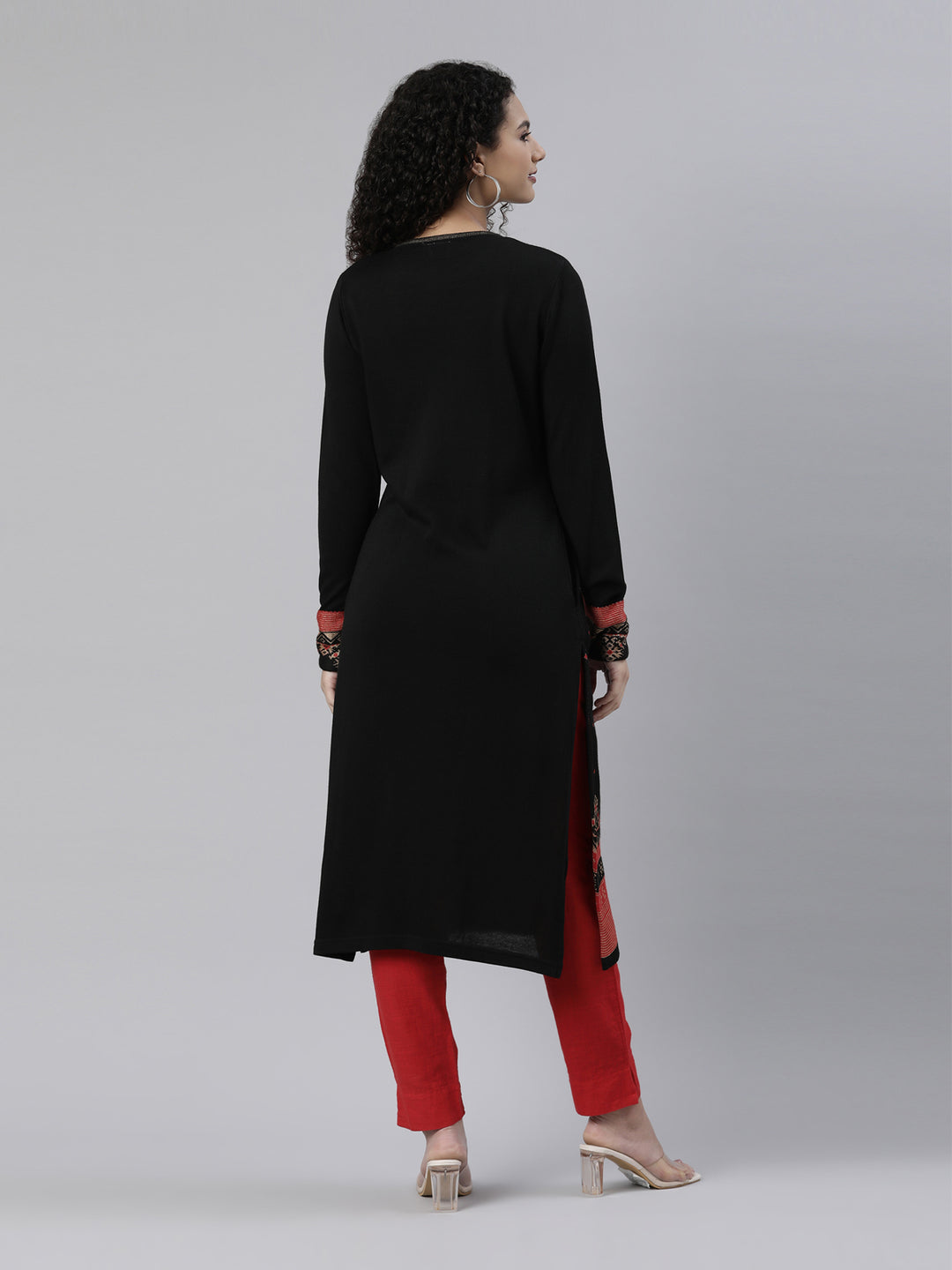 Neerus Winter Wear Black Ethnic Motifs Acrylic Dry Clean Kurta For Women