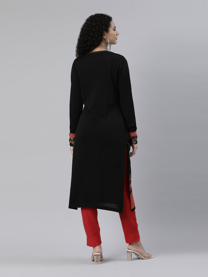 Neerus Winter Wear Black Ethnic Motifs Acrylic Dry Clean Kurta For Women