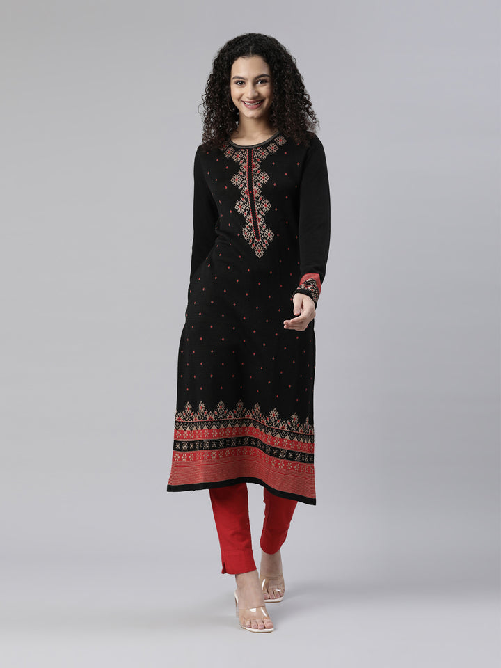 Neerus Winter Wear Black Ethnic Motifs Acrylic Dry Clean Kurta For Women