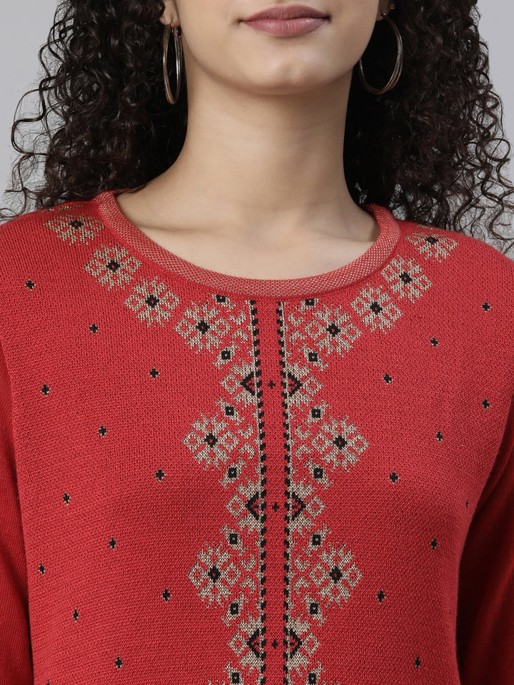 Neerus Winter Wear Red Black Ethnic Motifs Acrylic Kurta For Women