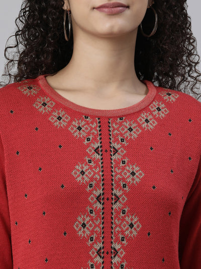 Neeru's Winter Wear Red Black Ethnic Motifs Acrylic Kurta For Women