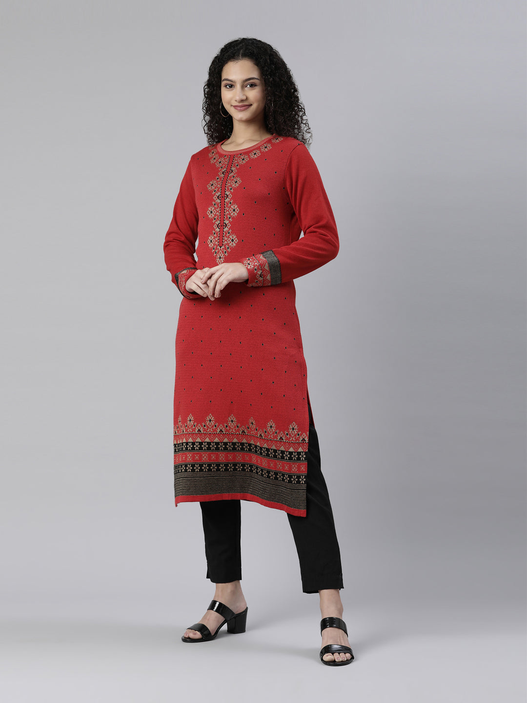 Neerus Winter Wear Red Black Ethnic Motifs Acrylic Kurta For Women