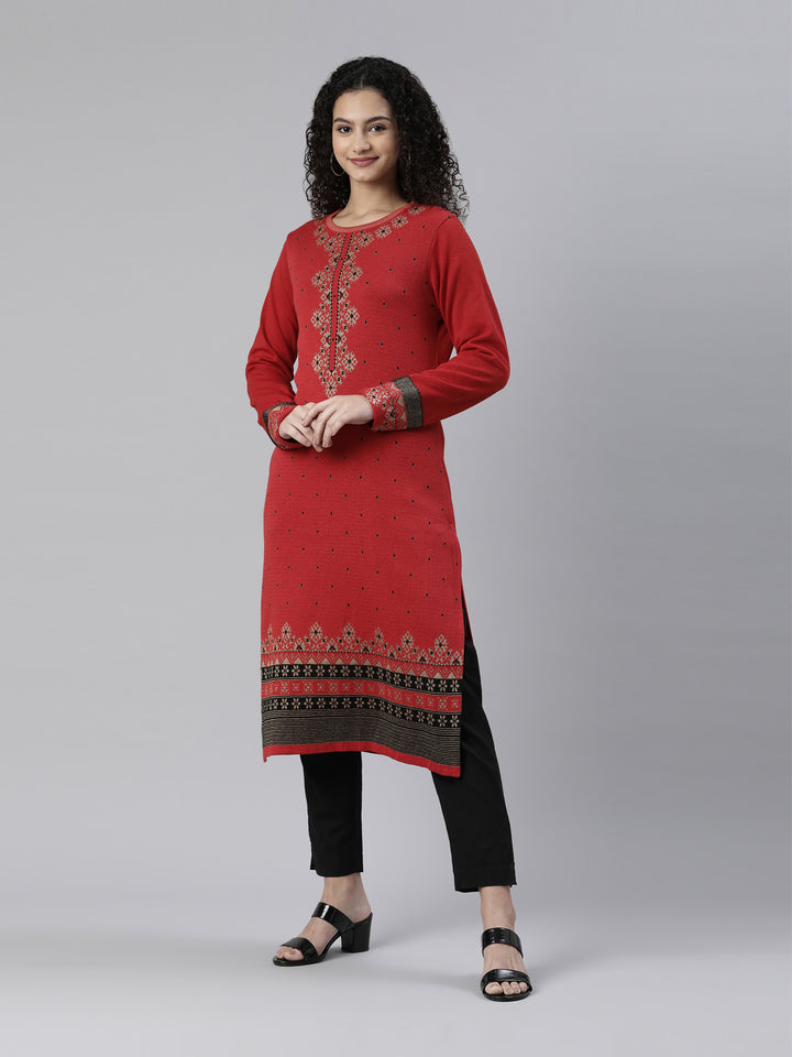 Neerus Winter Wear Red Black Ethnic Motifs Acrylic Kurta For Women
