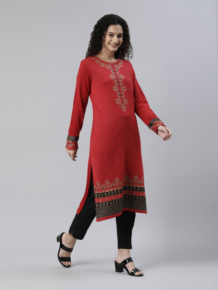 Neerus Winter Wear Red Black Ethnic Motifs Acrylic Kurta For Women