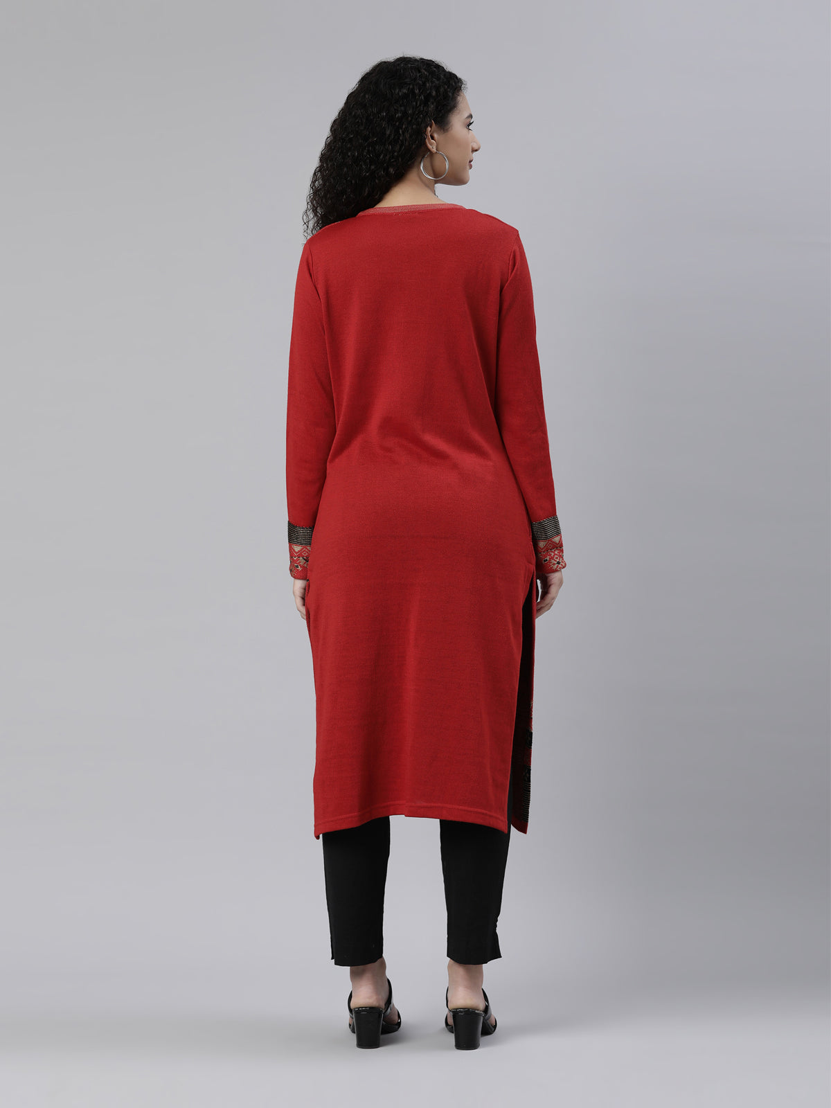 Neerus Winter Wear  Red  Black Ethnic Motifs Acrylic Kurta For Women