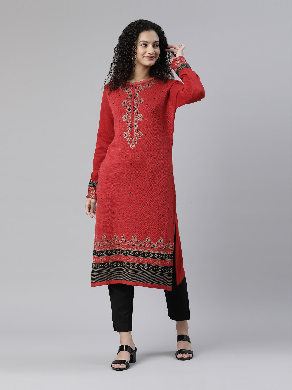 Neeru's Winter Wear Red Black Ethnic Motifs Acrylic Kurta For Women