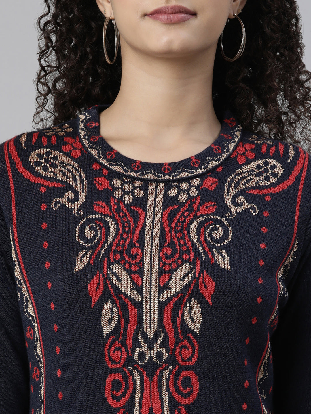 Neerus Winter Wear Navy Blue Ethnic Motifs Acrylic Kurta For Women