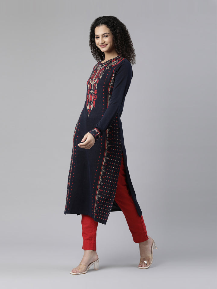 Neerus Winter Wear Navy Blue Ethnic Motifs Acrylic Kurta For Women
