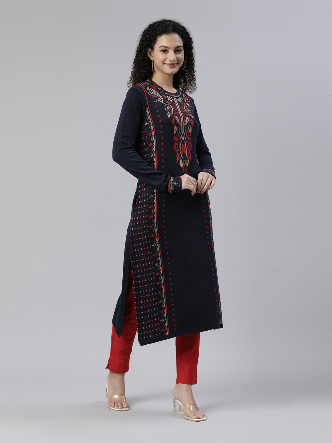 Neerus Winter Wear Navy Blue Ethnic Motifs Acrylic Kurta For Women