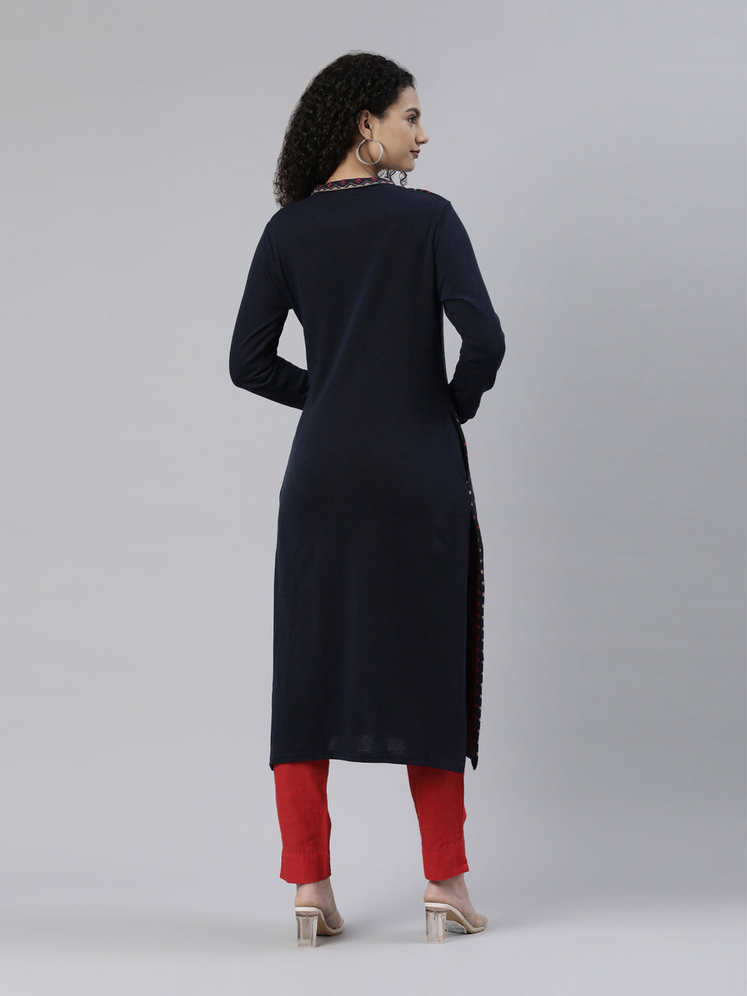 Neerus Winter Wear Navy Blue Ethnic Motifs Acrylic Kurta For Women