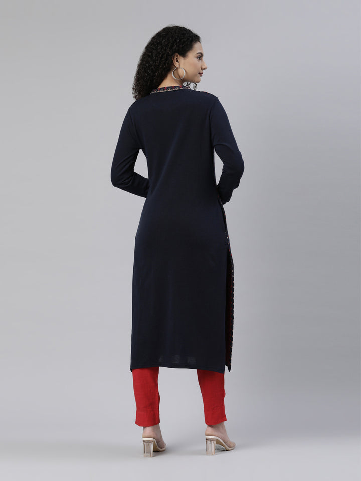 Neerus Winter Wear Navy Blue Ethnic Motifs Acrylic Kurta For Women