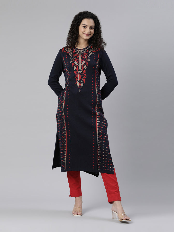 Neerus Winter Wear Navy Blue Ethnic Motifs Acrylic Kurta For Women
