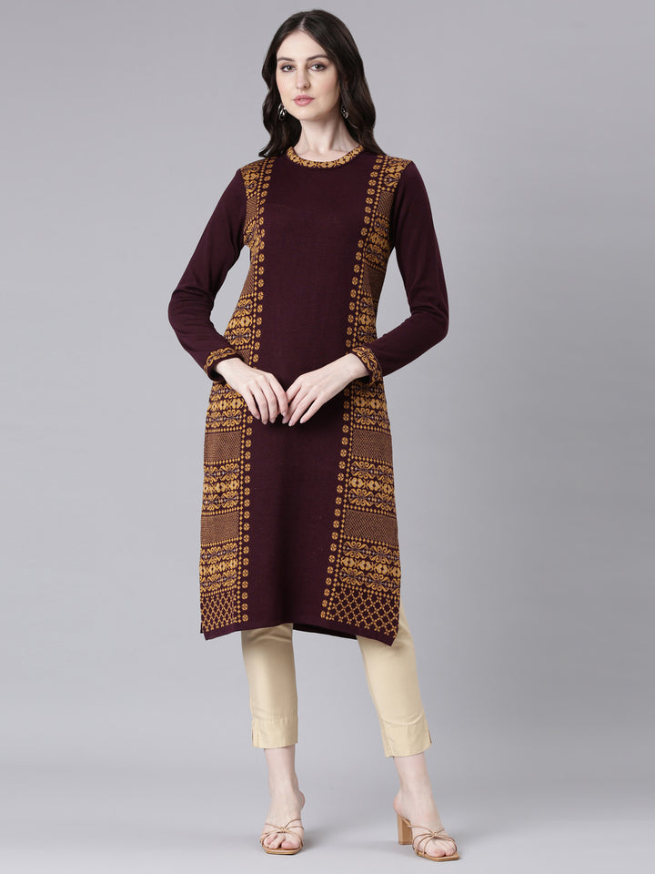 Neerus Maroon Casual Woven Design Straight Kurtas