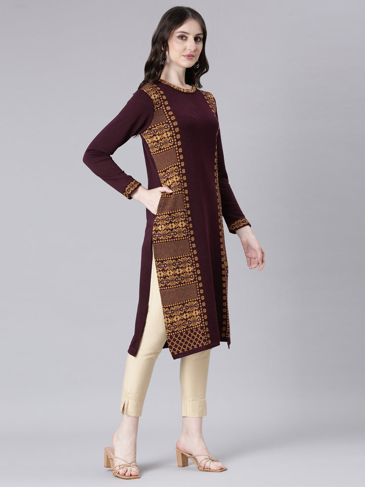 Neerus Maroon Casual Woven Design Straight Kurtas