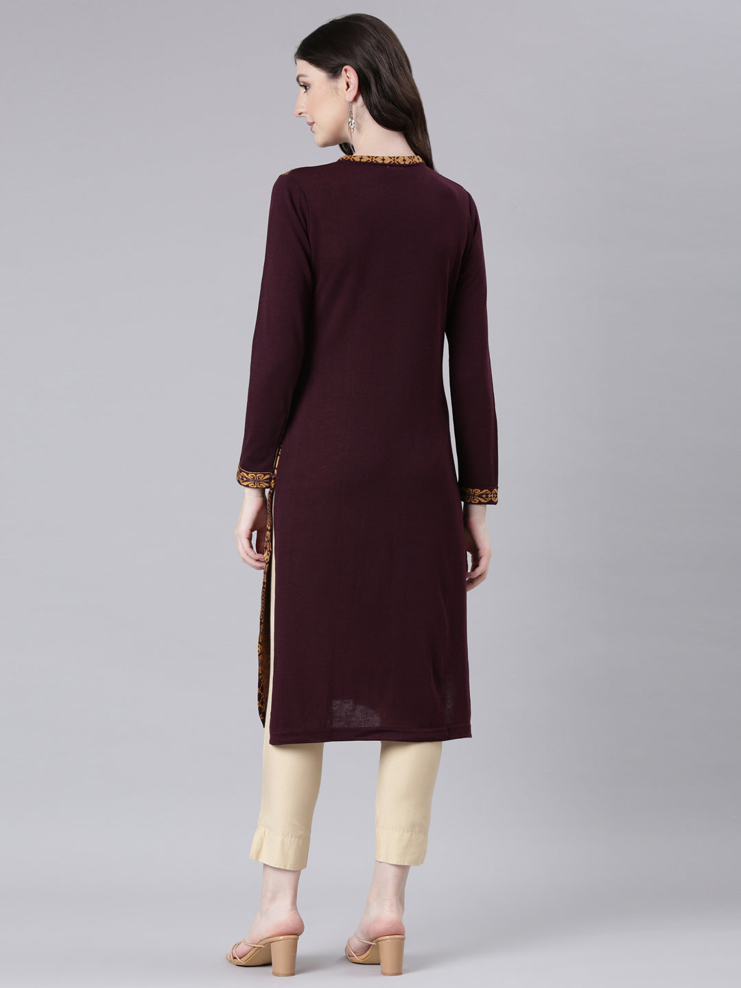 Neerus Maroon Casual Woven Design Straight Kurtas