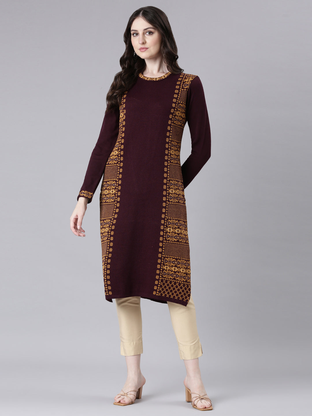 Neerus Maroon Casual Woven Design Straight Kurtas