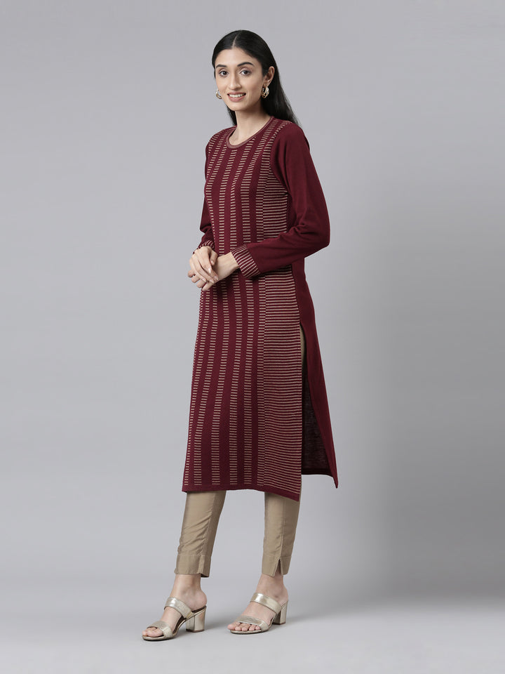 Neerus Winter Wear Striped Printed Acrylic Kurta For Women