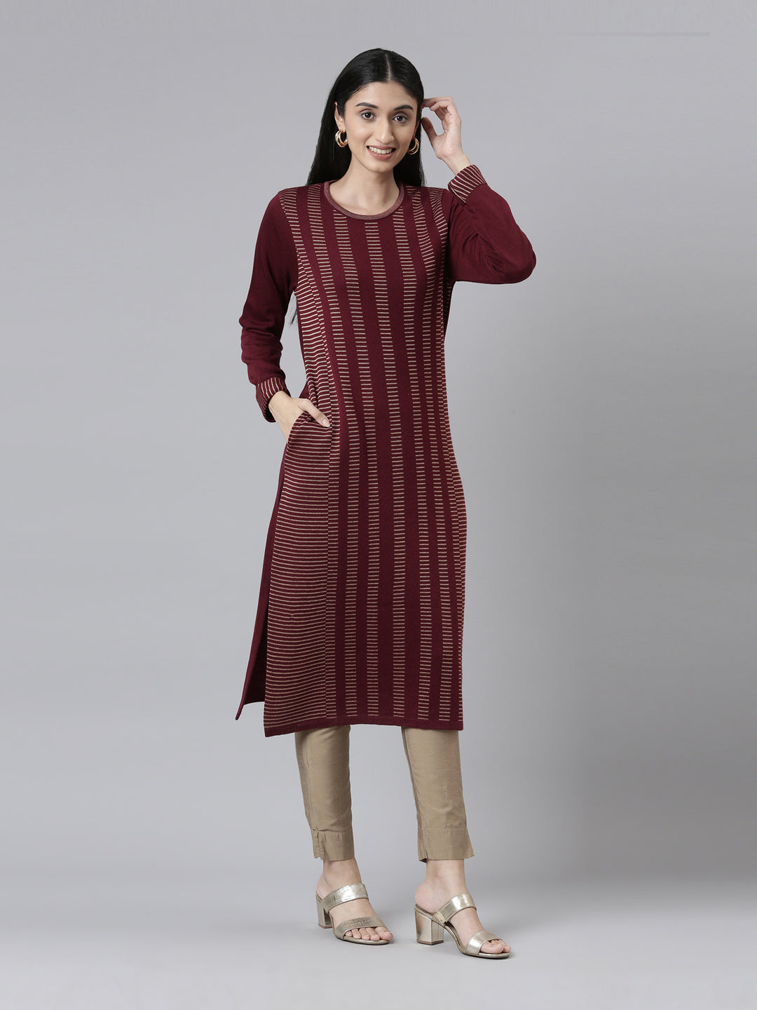 Neerus Winter Wear Striped Printed Acrylic Kurta For Women