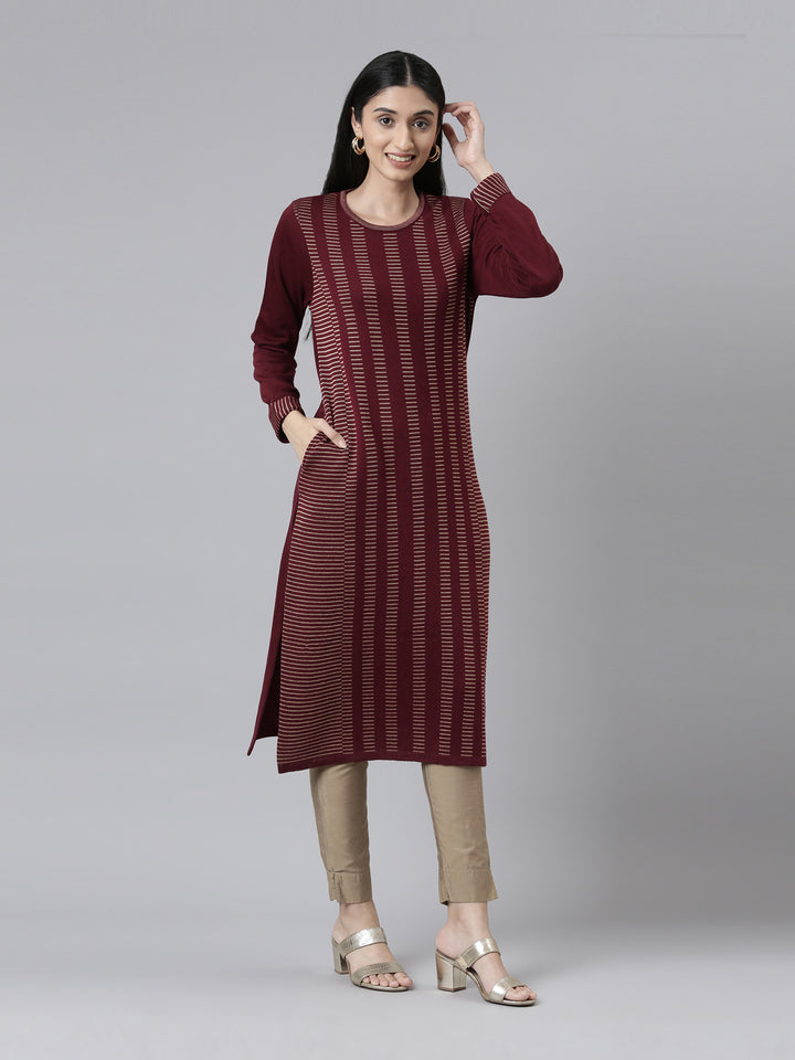 Neerus Winter Wear Striped Printed Acrylic Kurta For Women