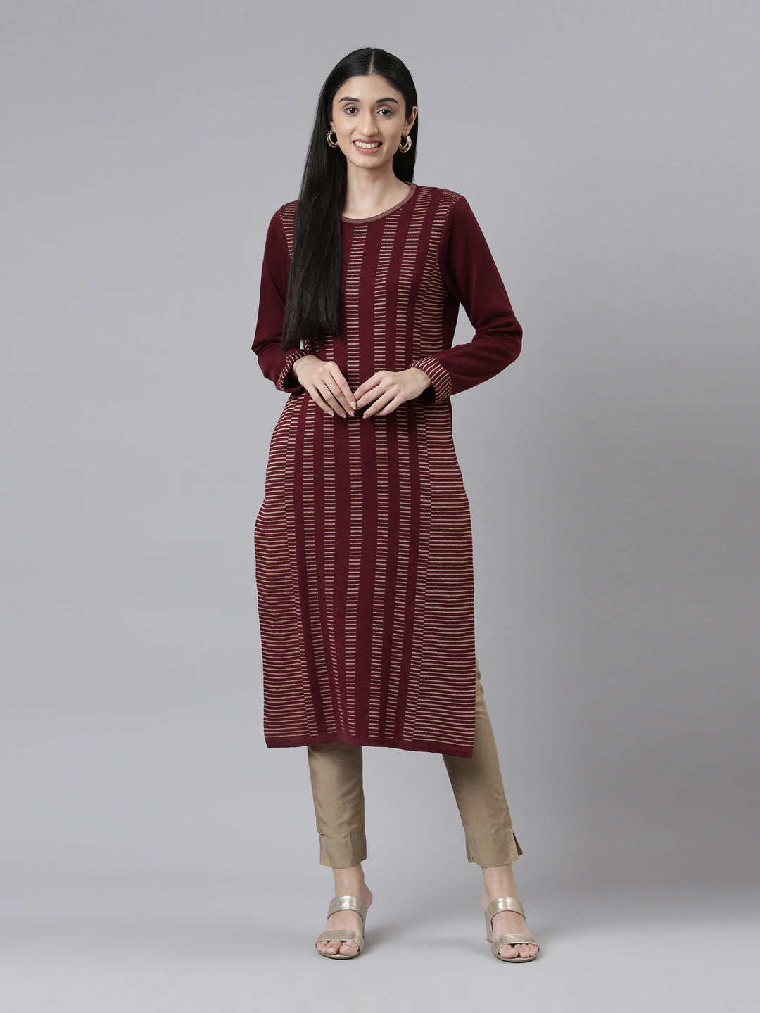 Neerus Winter Wear Striped Printed Acrylic Kurta For Women