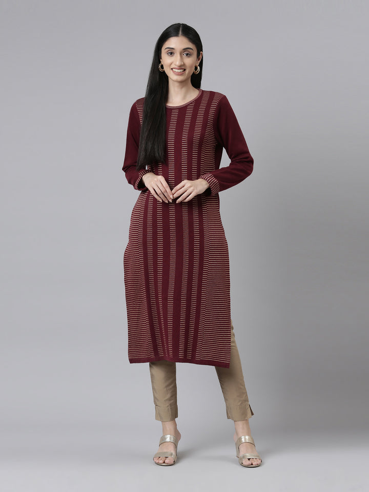 Neerus Winter Wear Striped Printed Acrylic Kurta For Women