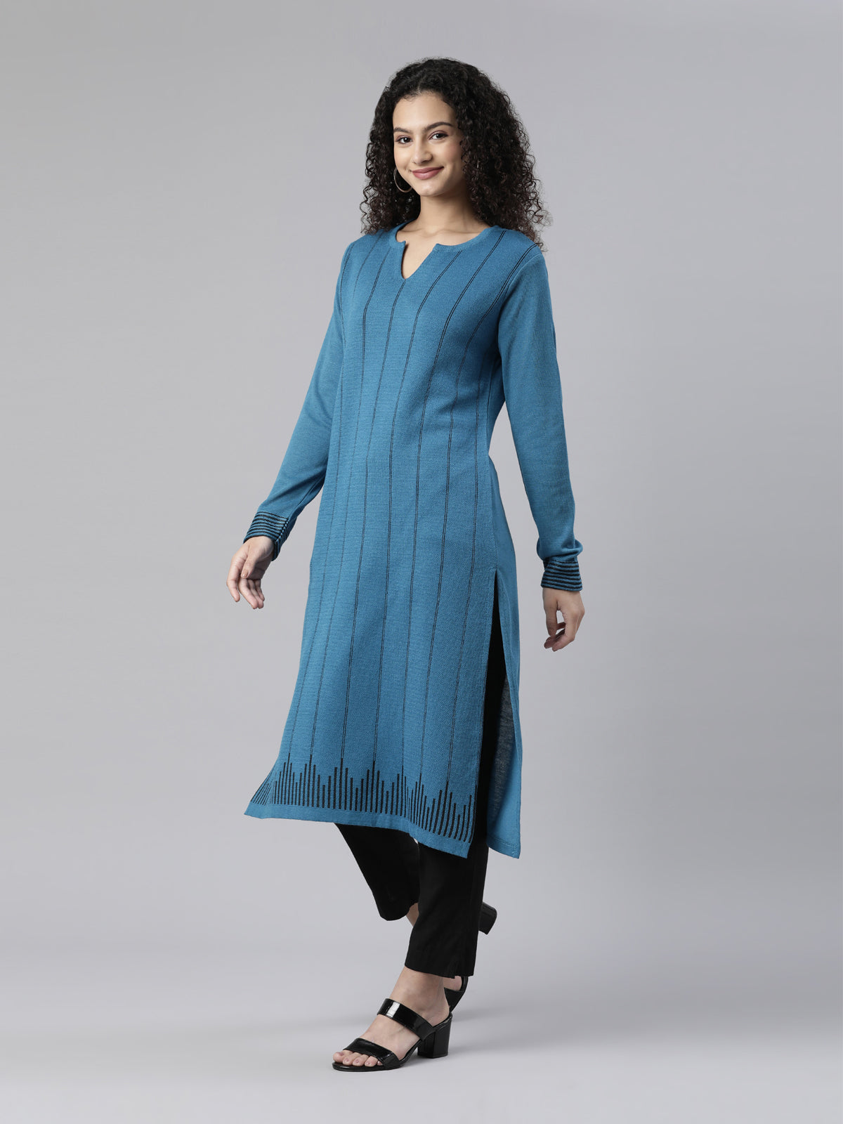 Neeru's Winter Wear Striped Printed Straight Fit Acrylic Kurta For Women