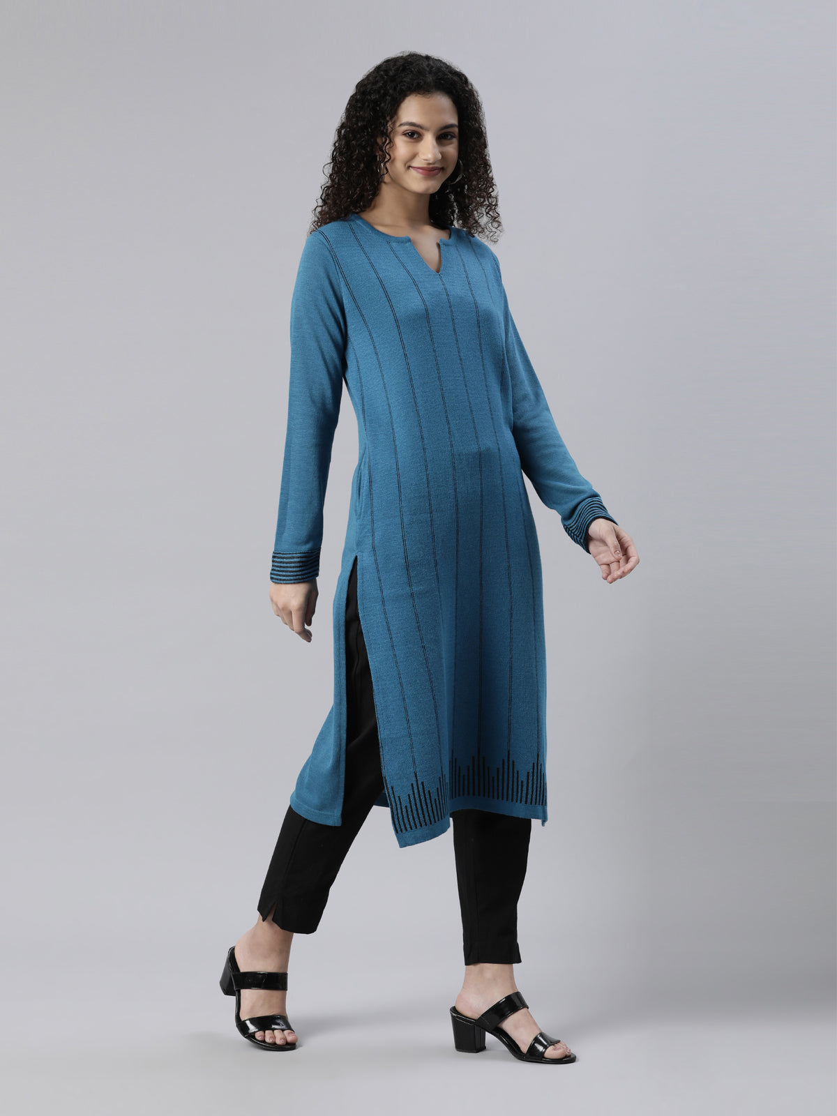 Neeru's Winter Wear Striped Printed Straight Fit Acrylic Kurta For Women