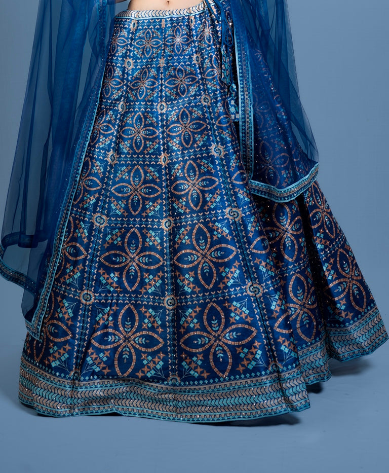 Neerus Blue net printed lehenga set - detail view 1
