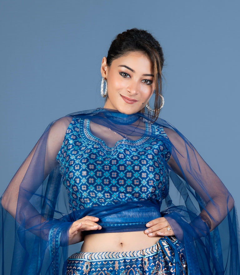 Neerus Blue net printed lehenga set - detail view 3