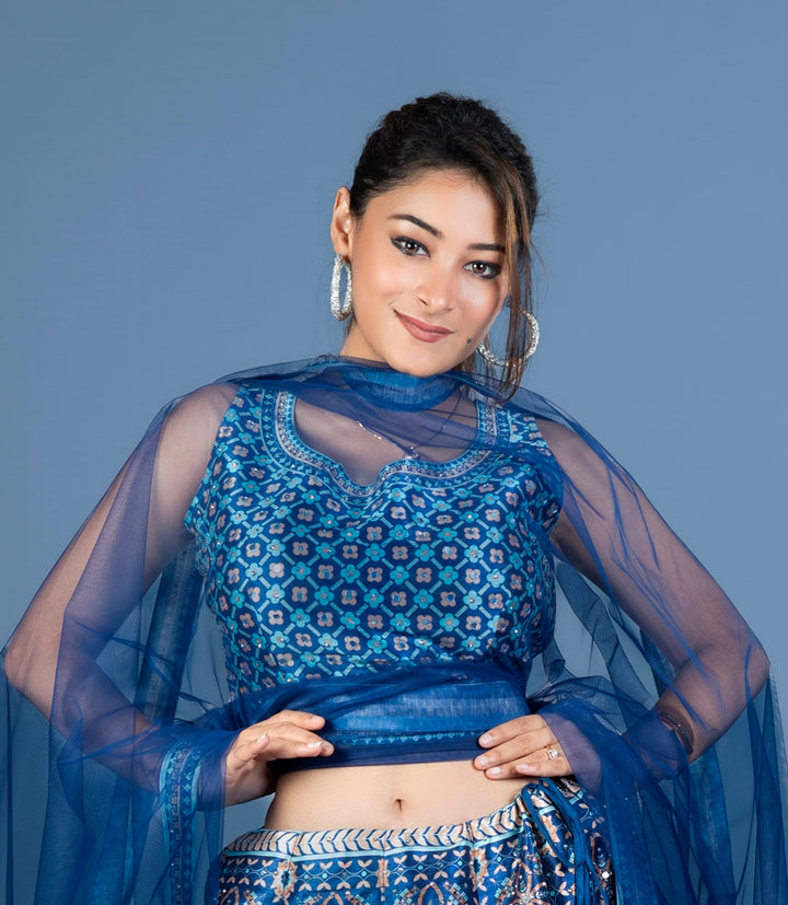 Neerus Blue net printed lehenga set - detail view 3