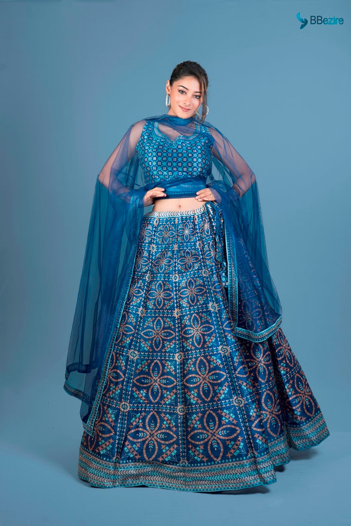 Neerus Blue net printed lehenga set - front view