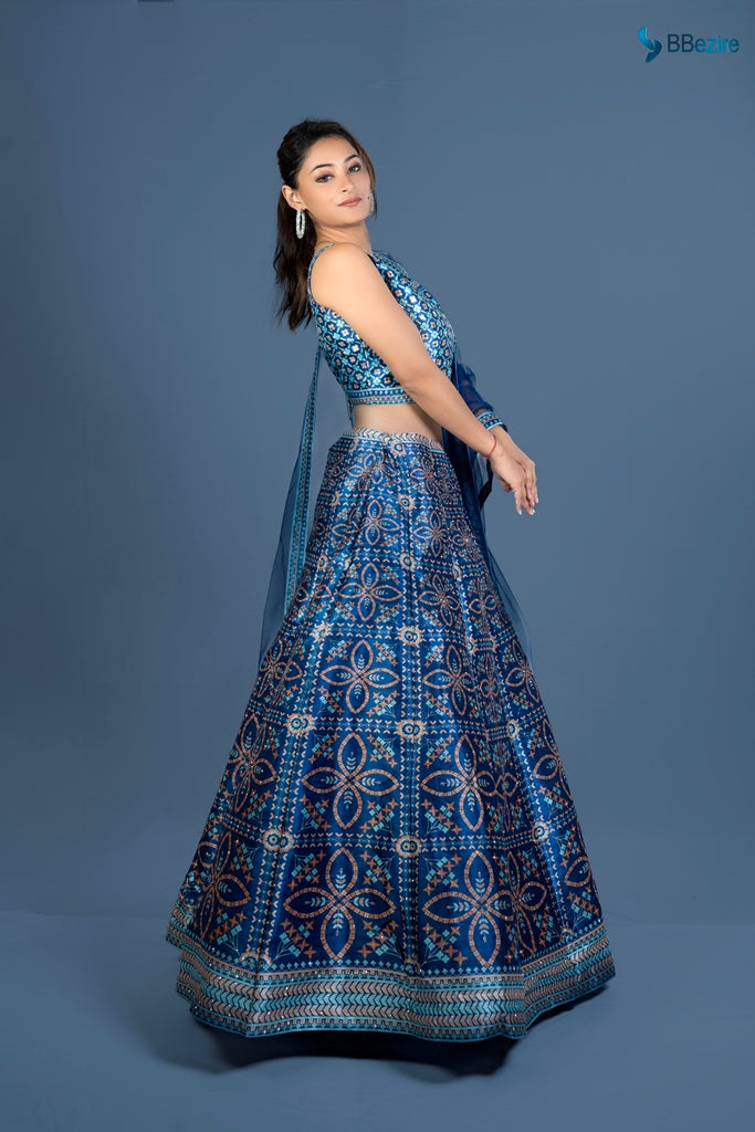Neerus Blue net printed lehenga set - back view