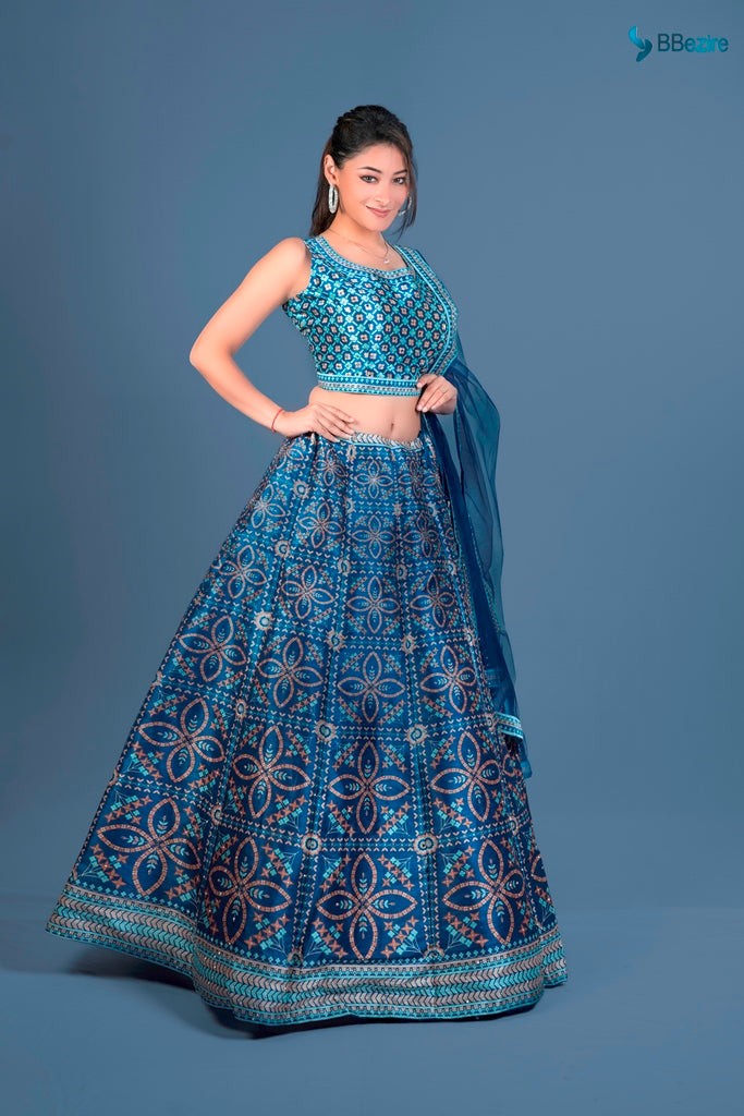 Neerus Blue net printed lehenga set - detail view 6