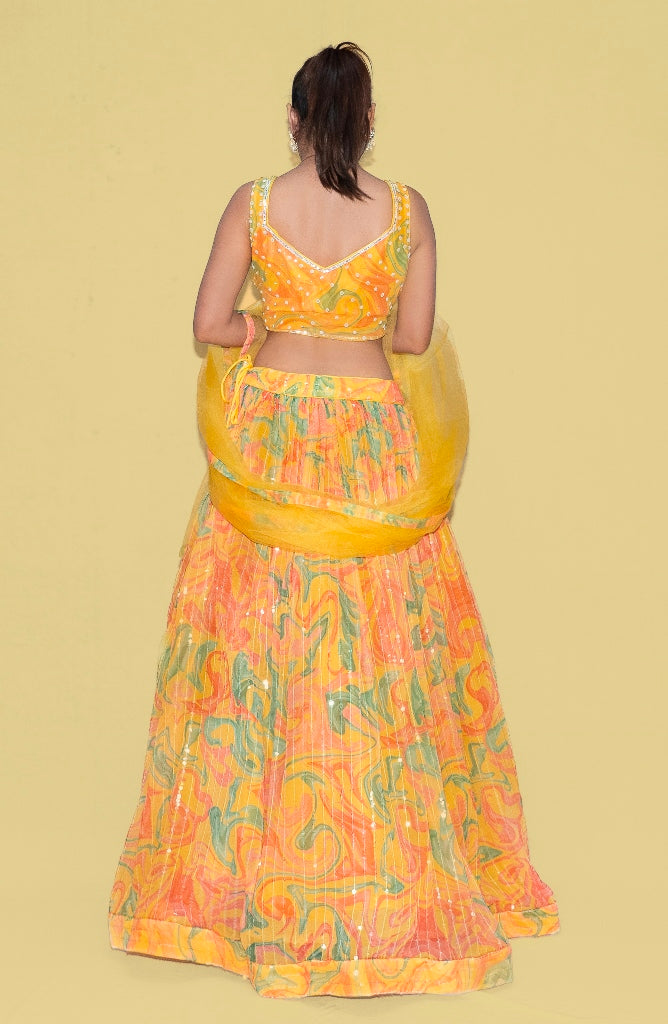 Neerus Yellow Georgette Embellished Lehenga Set - side view