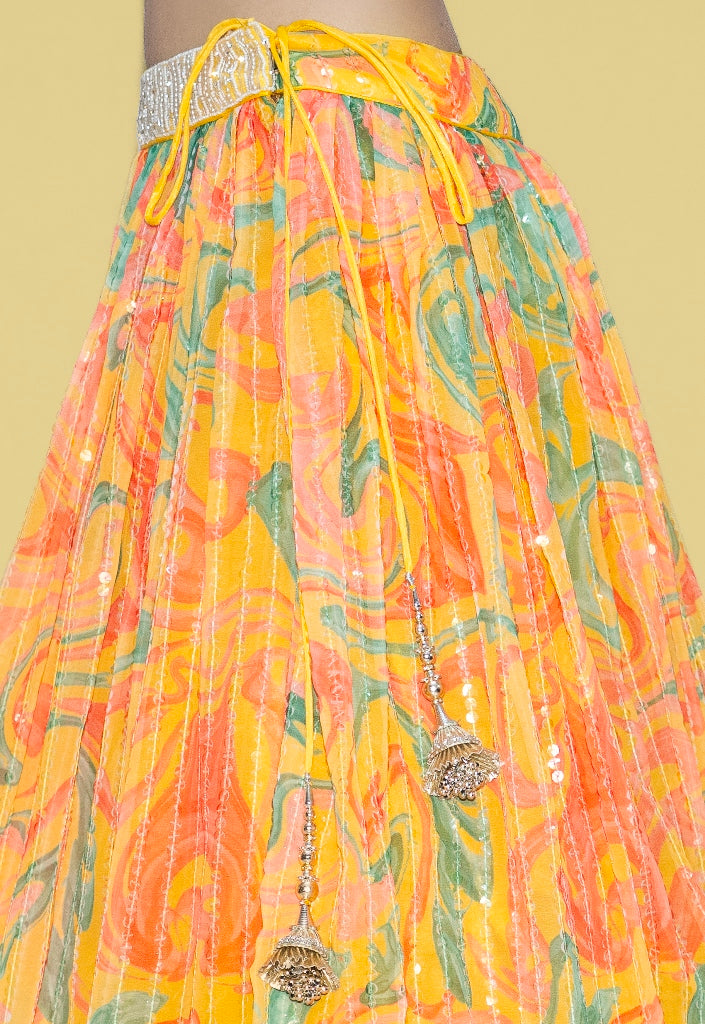 Neerus Yellow Georgette Embellished Lehenga Set - detail view 4