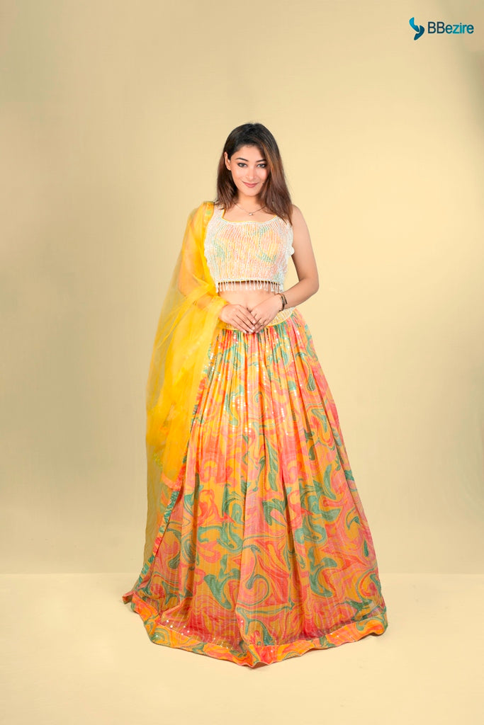 Neerus Yellow Georgette Embellished Lehenga Set - front view