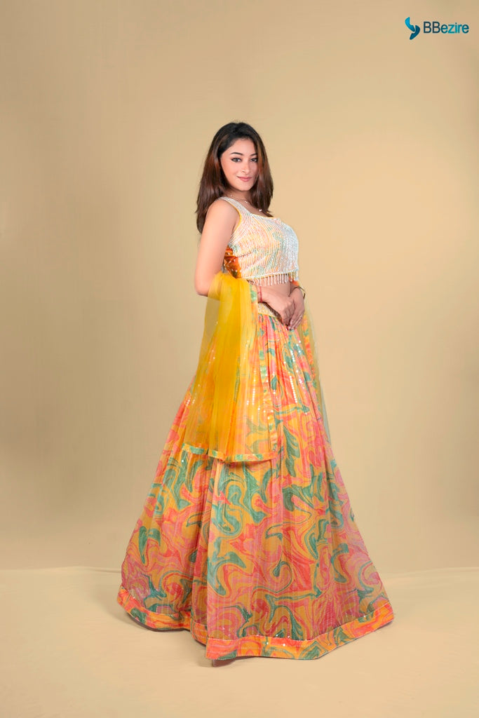 Neerus Yellow Georgette Embellished Lehenga Set - back view