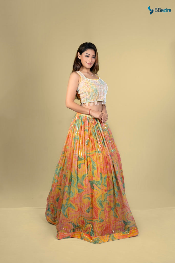 Neerus Yellow Georgette Embellished Lehenga Set - detail view 6
