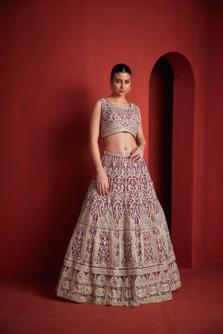 Neerus Pink net embroidered lehenga ghagra set - back view