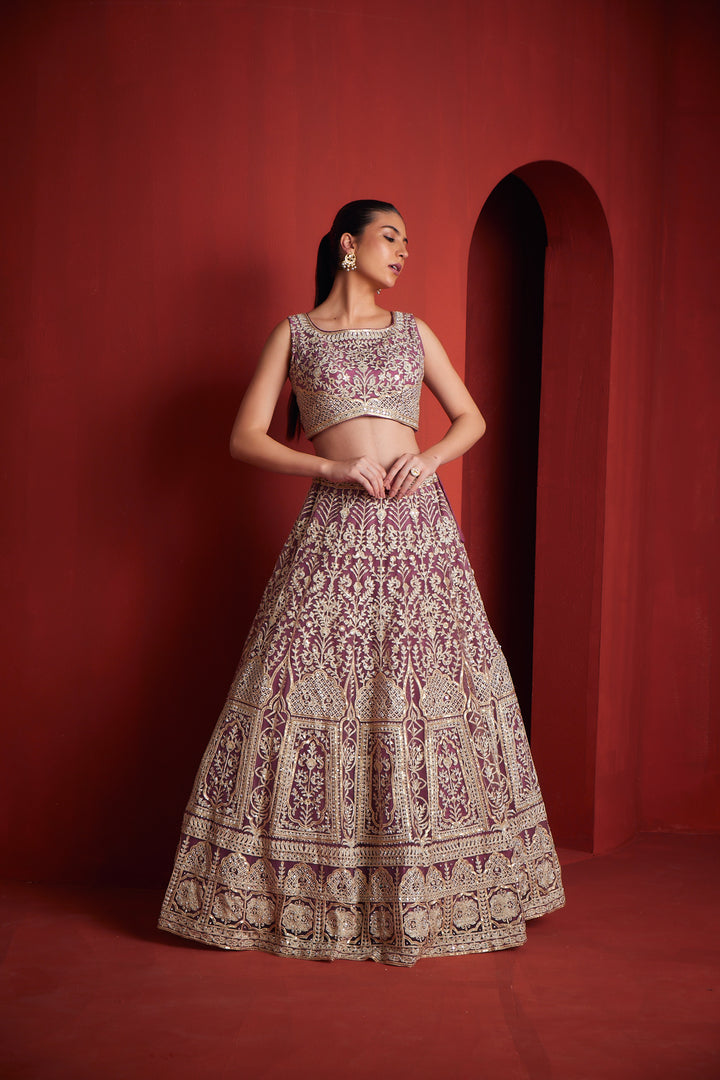 Neerus Pink net embroidered lehenga ghagra set - side view