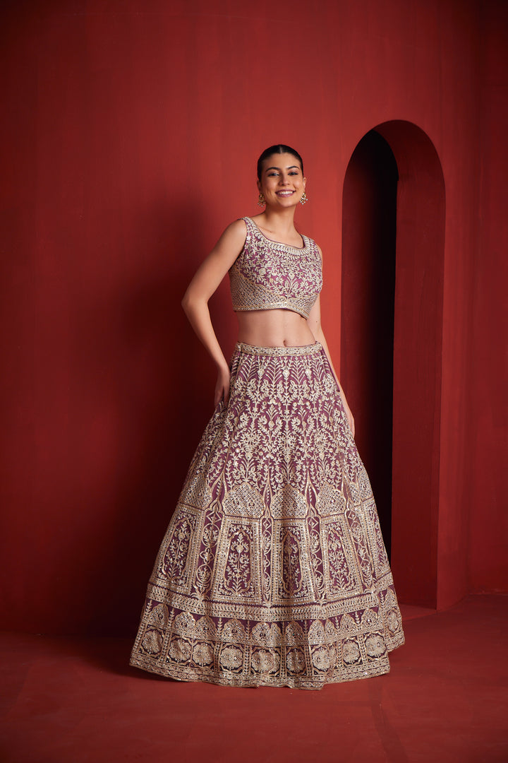 Neerus Pink net embroidered lehenga ghagra set - detail view 1