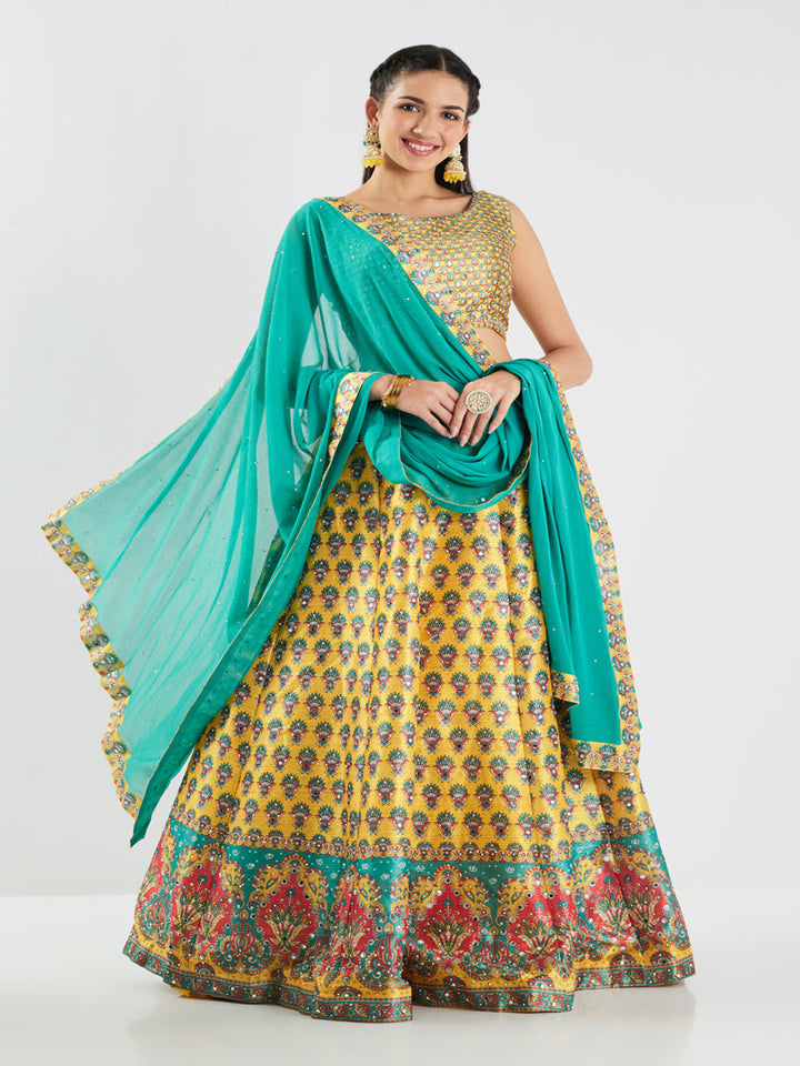 Neerus Yellow Printed Silk Fabric Ghagra Set