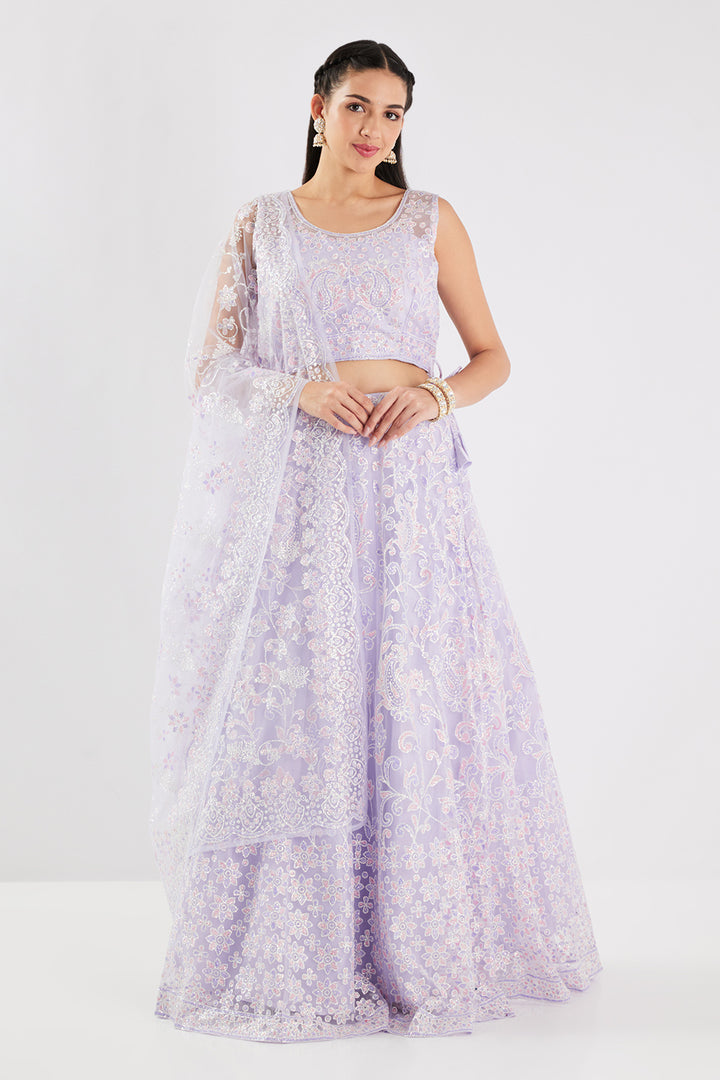 Neerus Lavender Sequence and Embroidered Work Net Fabric Ghagra Set