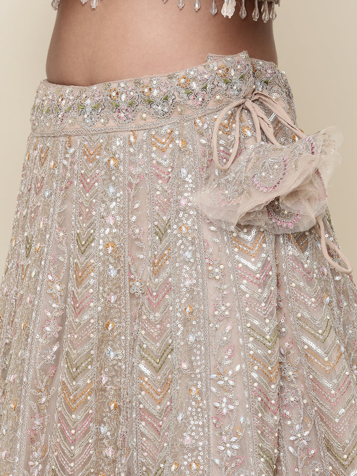 Beige net heavy embroidered three piece ghagra set