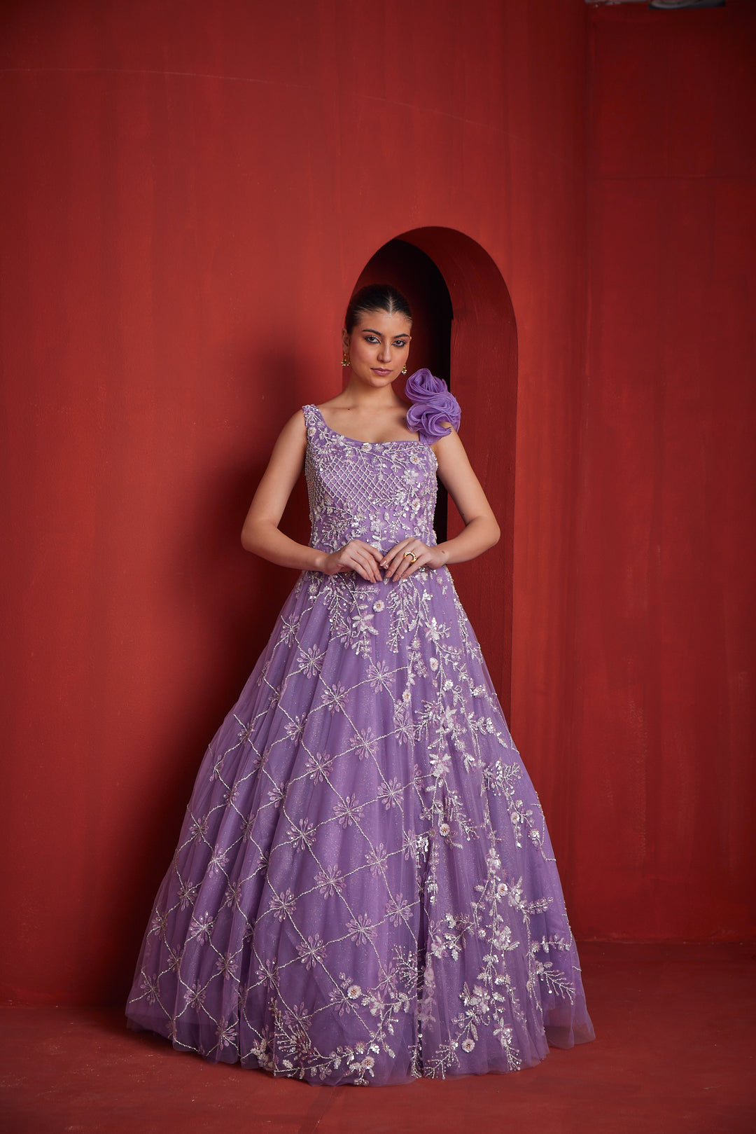 Neerus Purple Floral Embellished Georgette Flared Gown for Party Women Neerus India Neerus Purple Floral Embellished Georgette Flared Gown for Party Women Neerus India